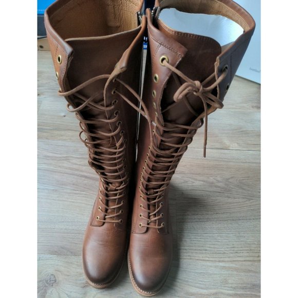 Frye Veronica Tall Lace Up Boots Womens 9.5 B Cognac Brown Knee High Combat - Picture 2 of 10